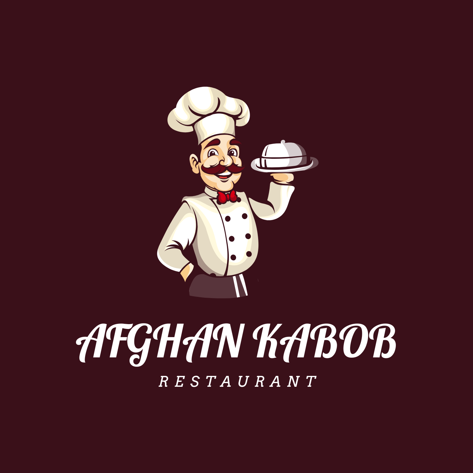 The logo for afghan kabob restaurant shows a chef holding a tray of food.