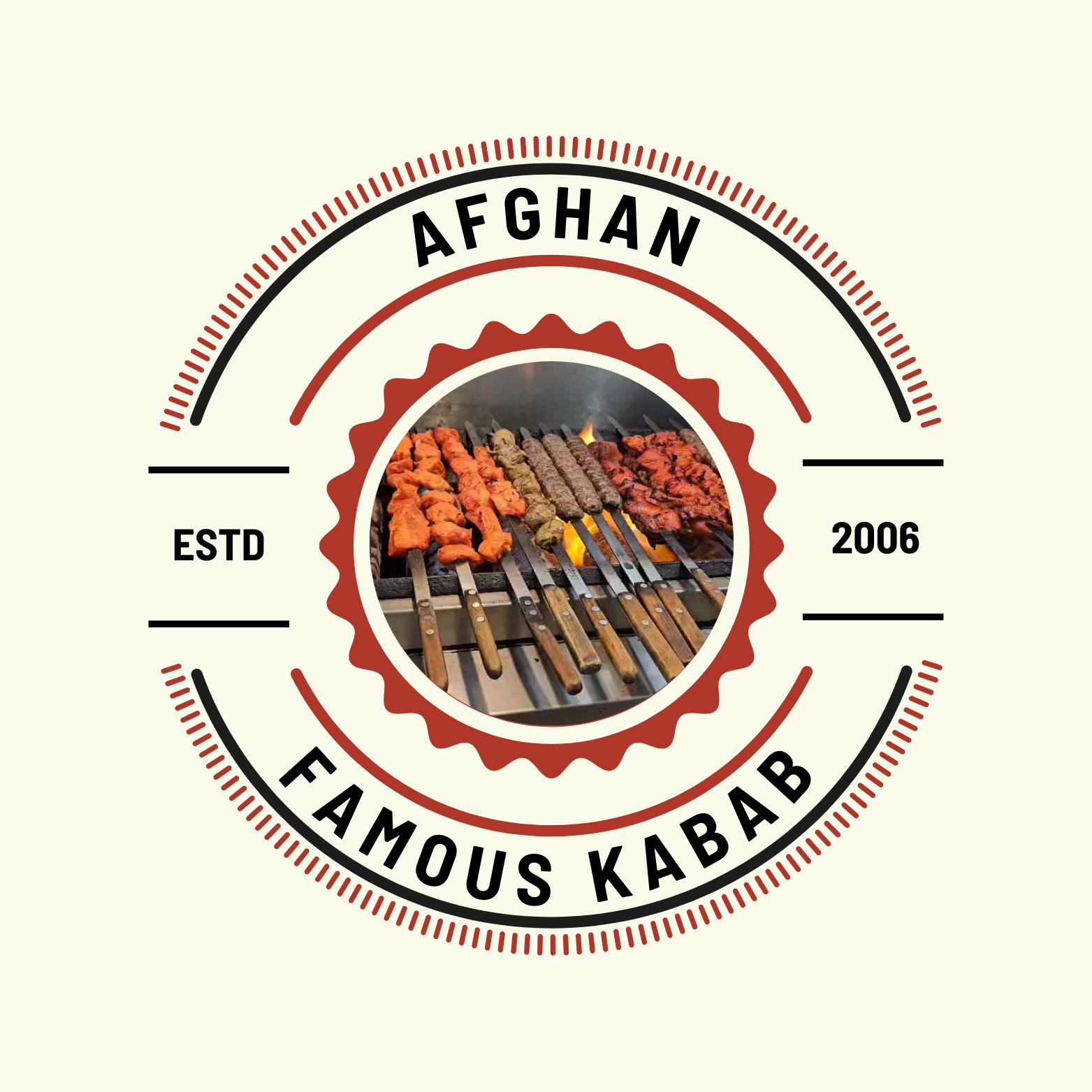 A logo for afghan famous kabab with a picture of skewers of meat on a grill.