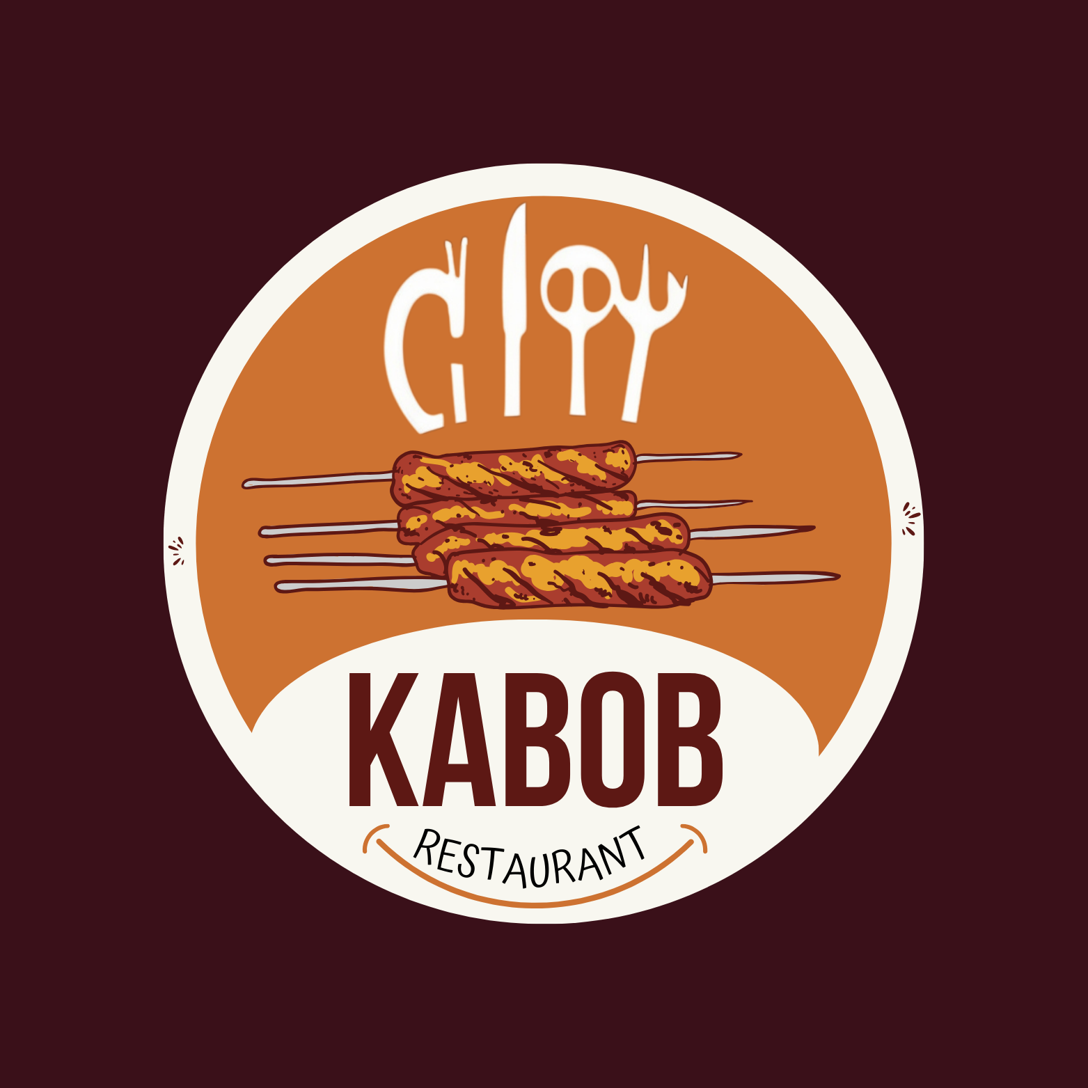 A logo for a restaurant called kabob restaurant