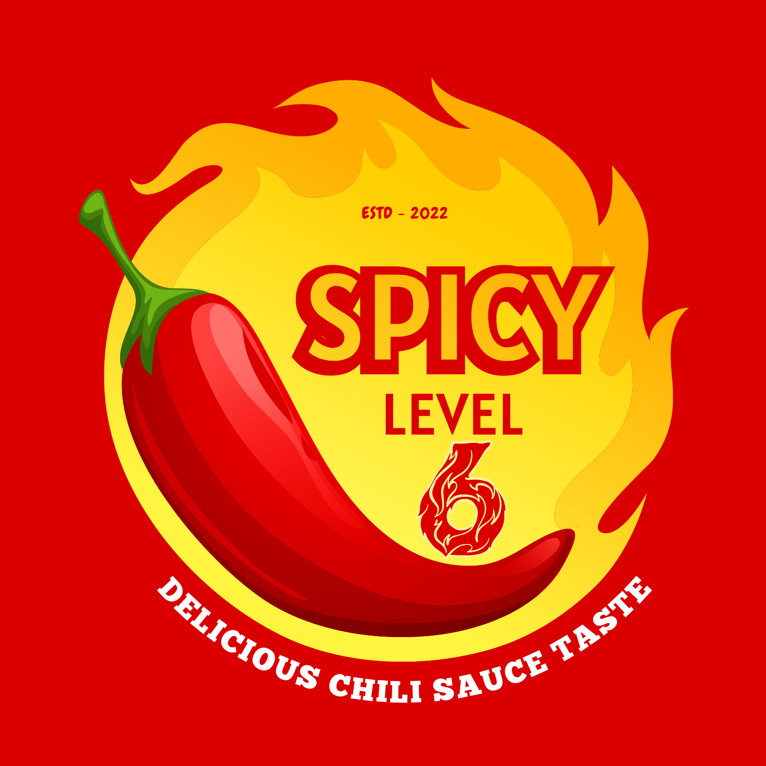 A spicy level 6 chili sauce label with a red pepper on a red background.