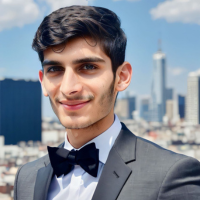 A man in a suit and bow tie is smiling in front of a city skyline