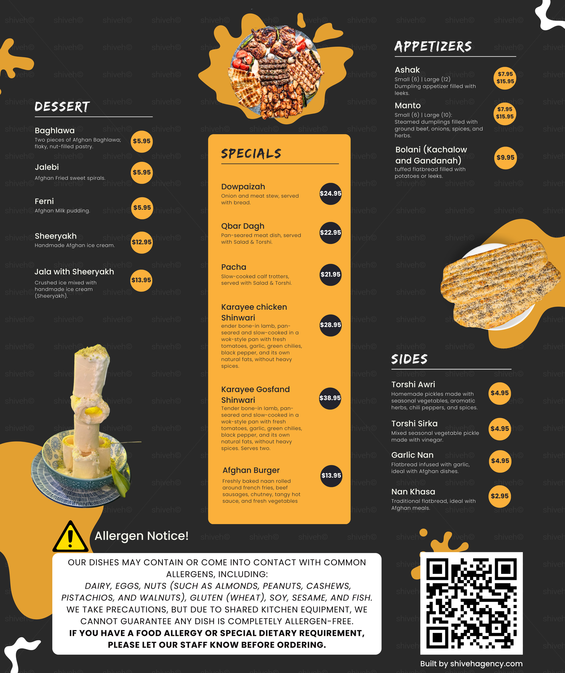 A menu for a restaurant with a qr code on the bottom