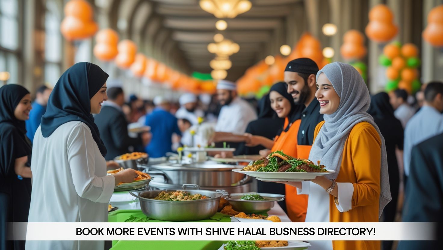 A group of people are standing around a table holding plates of food.