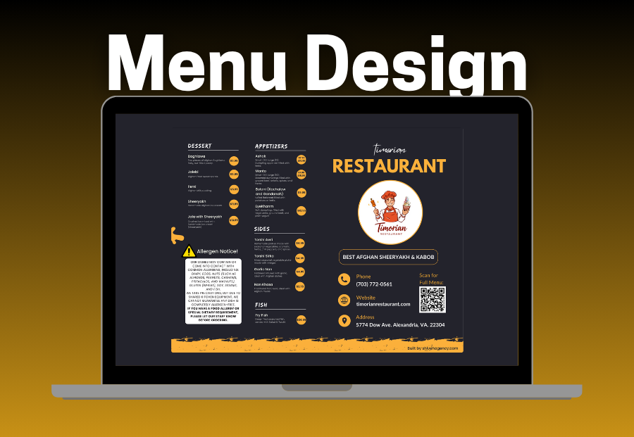 A menu design for a restaurant is displayed on a laptop screen.