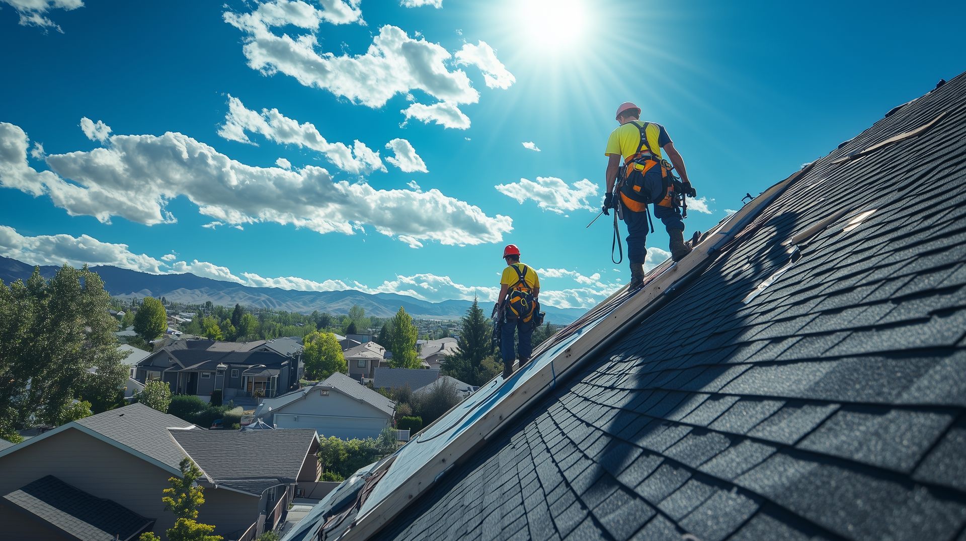 Roofers skillfully work on a steep roof.