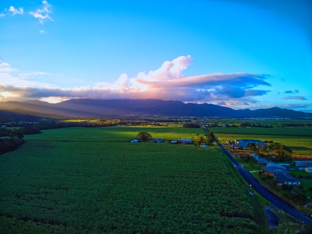 An Aerial View Of A Lush Green Field With Mountains In The Background At Sunset  — Mission Solar And Electrical In Tully, QLD