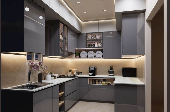 Modern gray kitchen with sleek cabinets, under-cabinet lighting, and built-in appliances