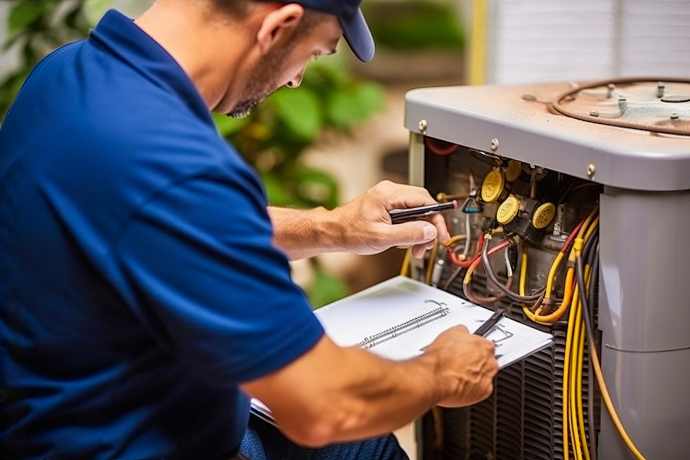 Diligent HVAC technician inspecting a residential AC unit for optimal performance and efficiency.