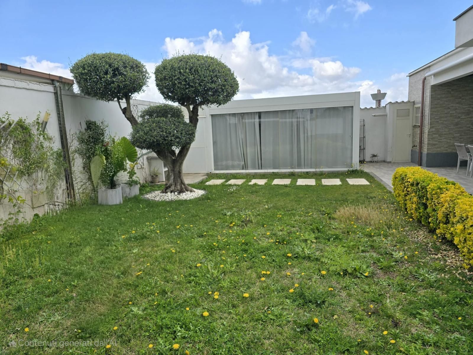 Un cortile con un albero e l'erba, un muro bianco e un edificio, e gradini quadrati.