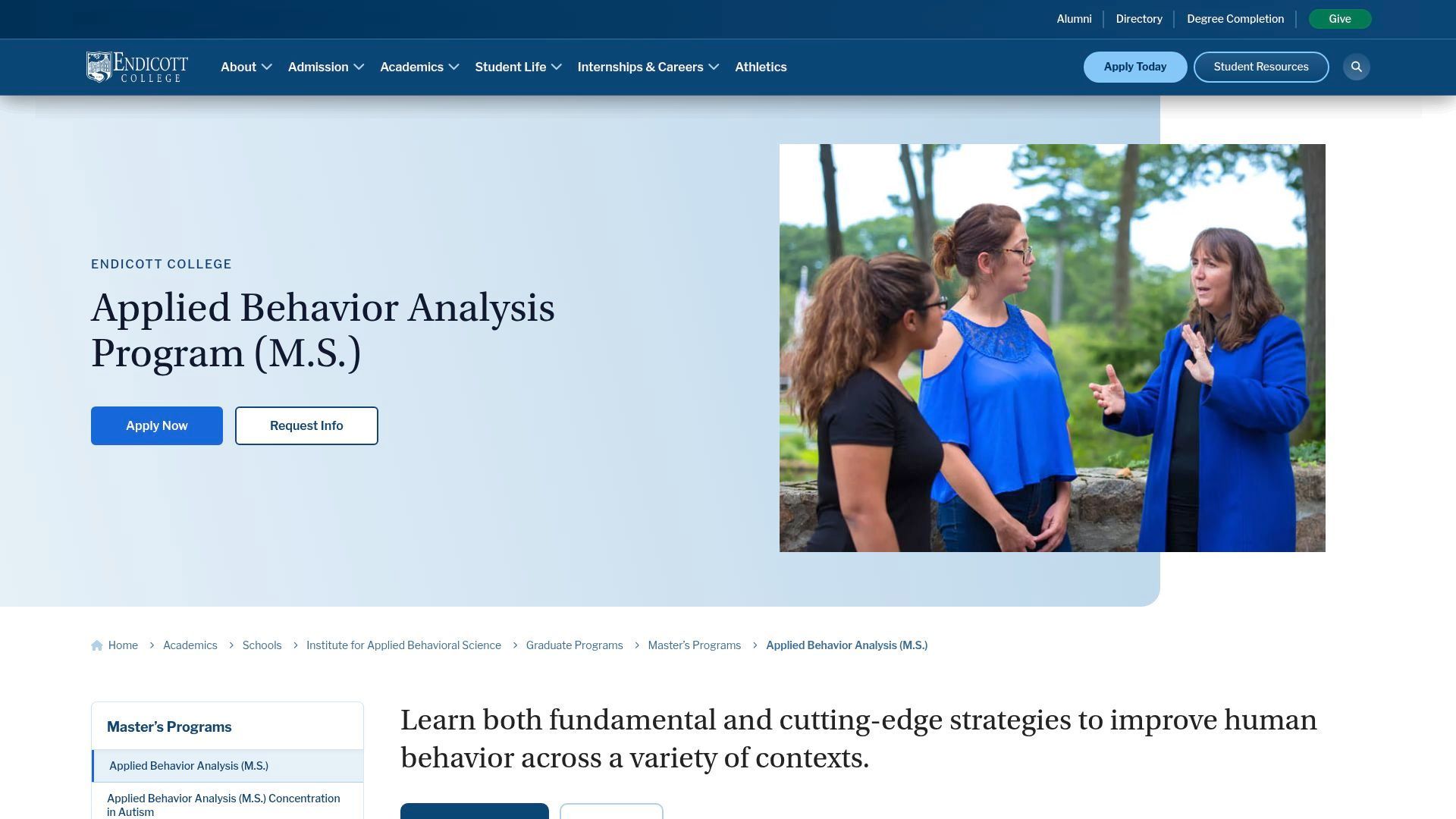 Webpage promoting an Applied Behavior Analysis (M.S.) program, with a photo of three people conversing outdoors.