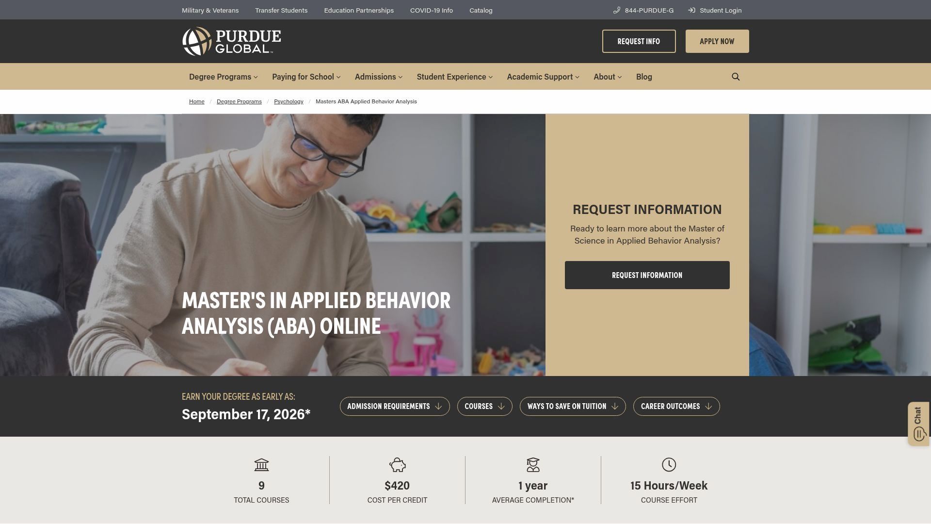 Man studying, website banner for Master's in Applied Behavior Analysis (ABA) online.