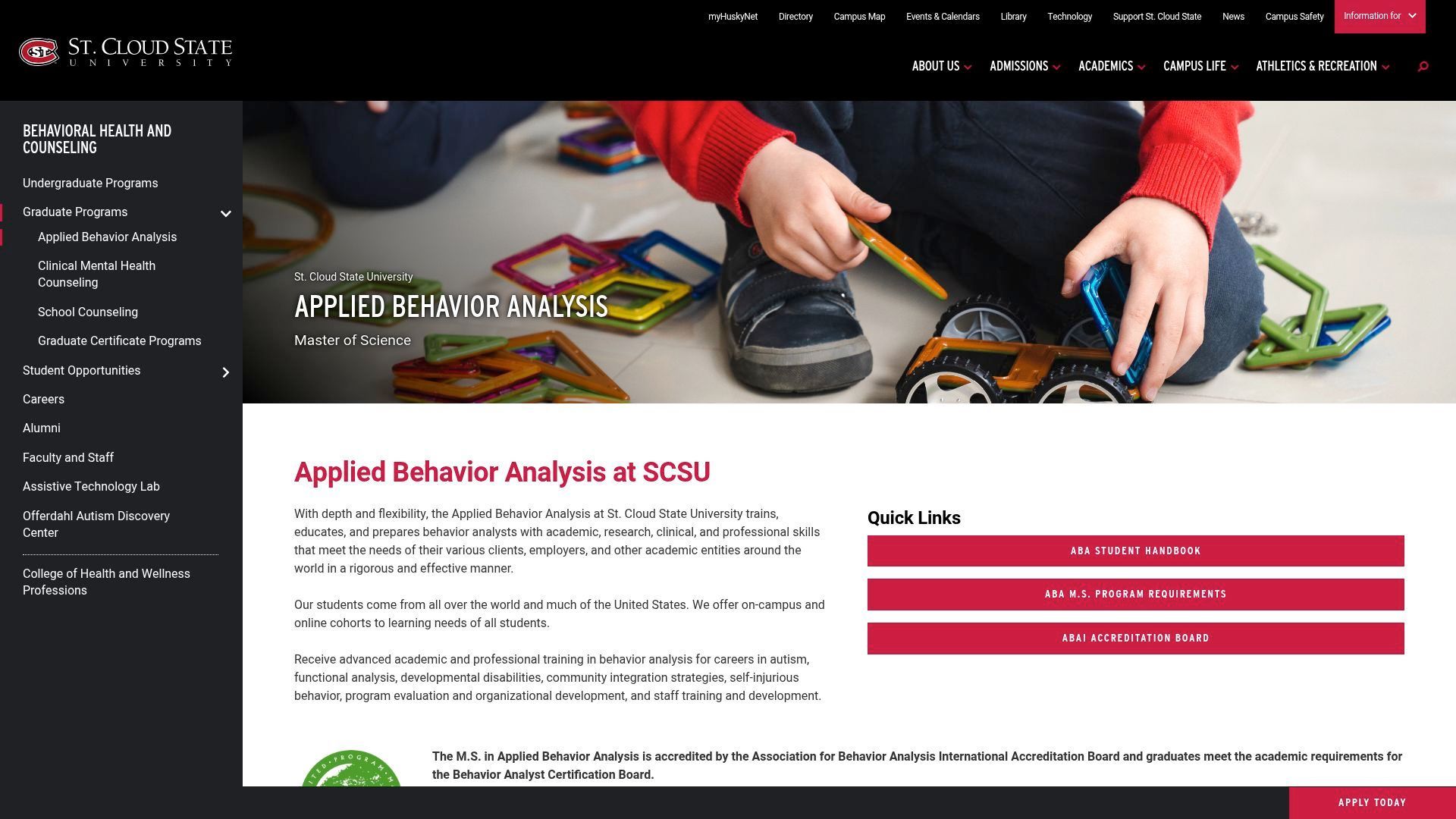 Website for Applied Behavior Analysis, with child playing with toys.