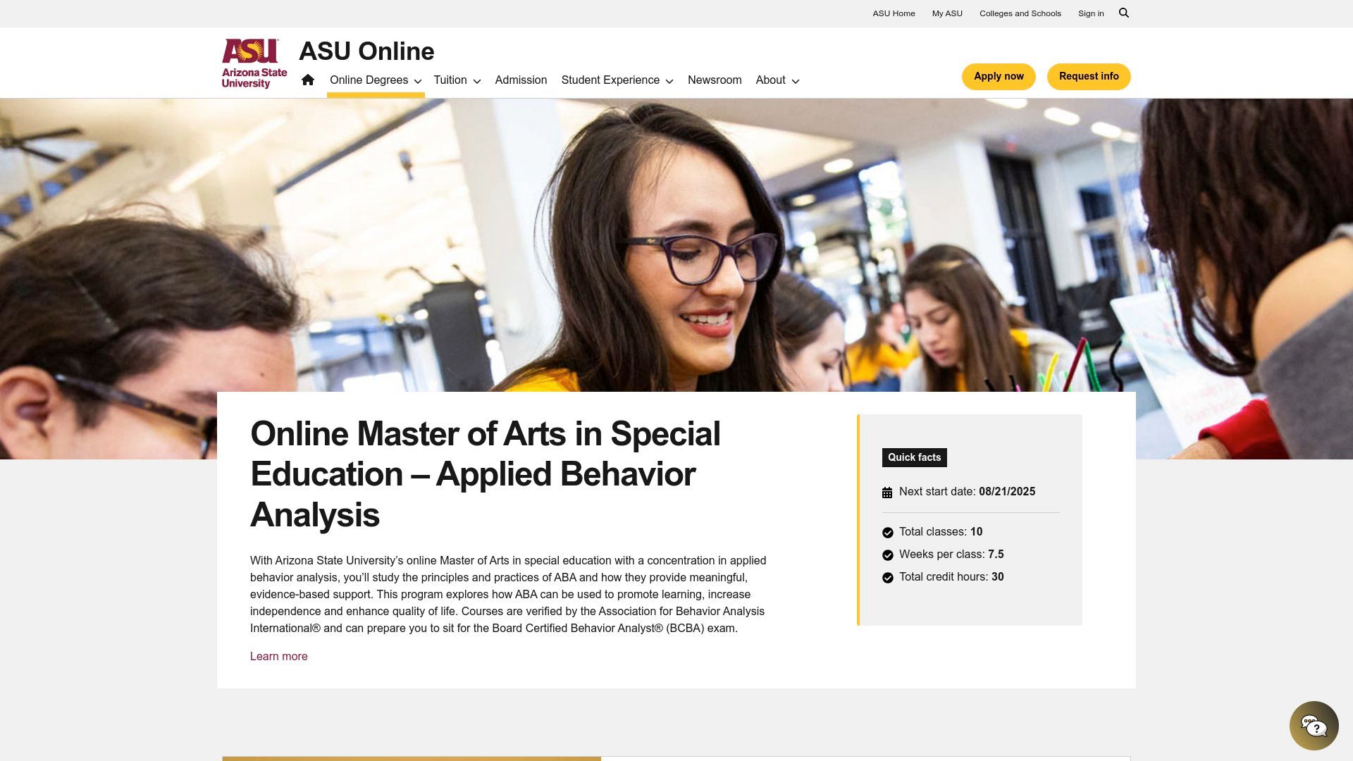 Website promoting an online Master of Arts in Special Education. Students studying, Arizona State University logo.
