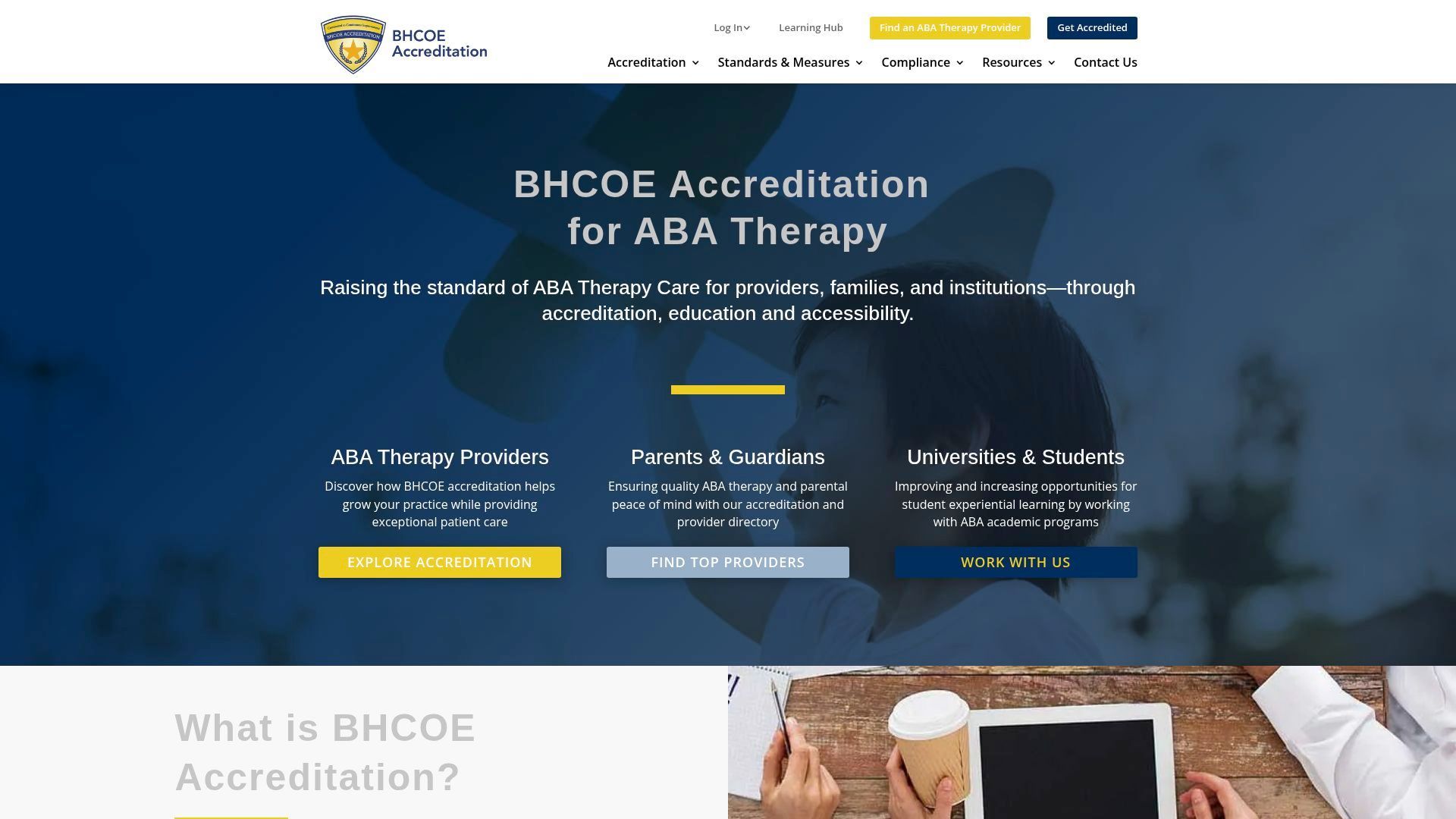BHCOE Accreditation webpage for ABA Therapy with navy blue and gold accents.
