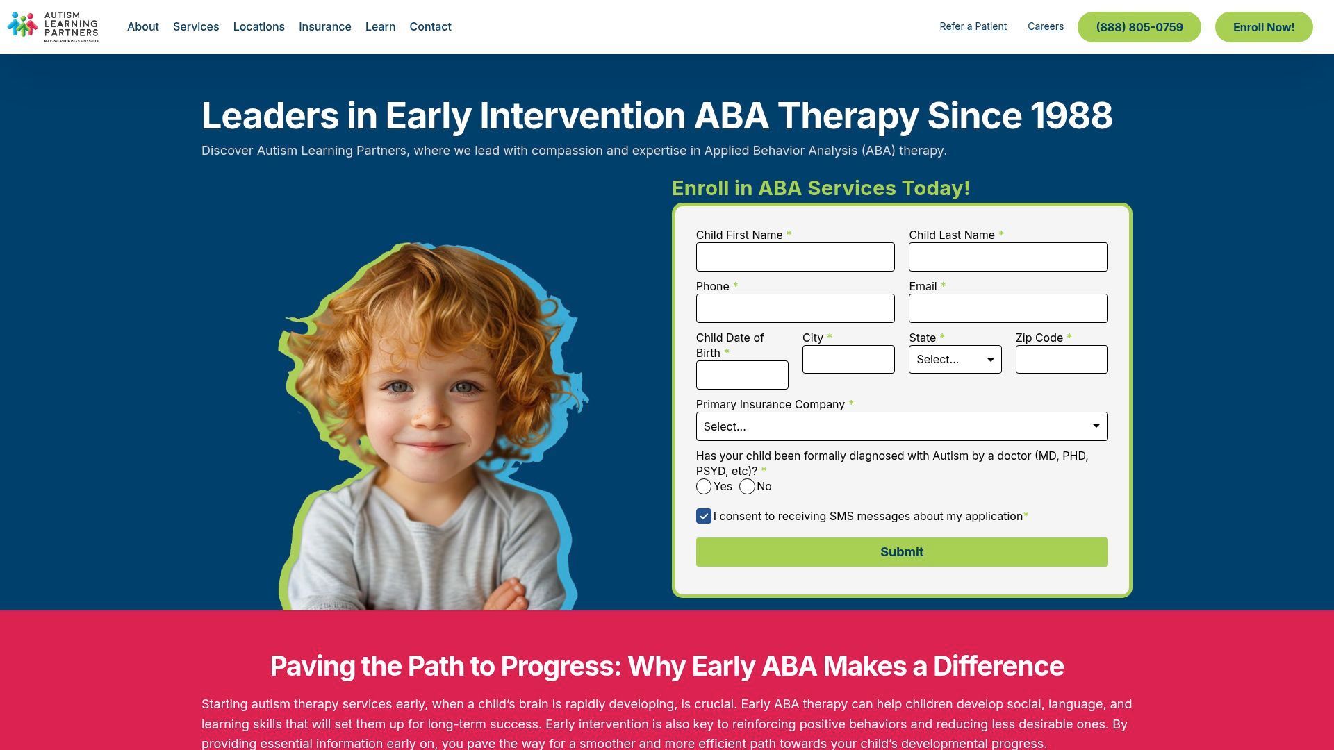 Child with curly hair next to an online form, website for ABA therapy with green and blue design.