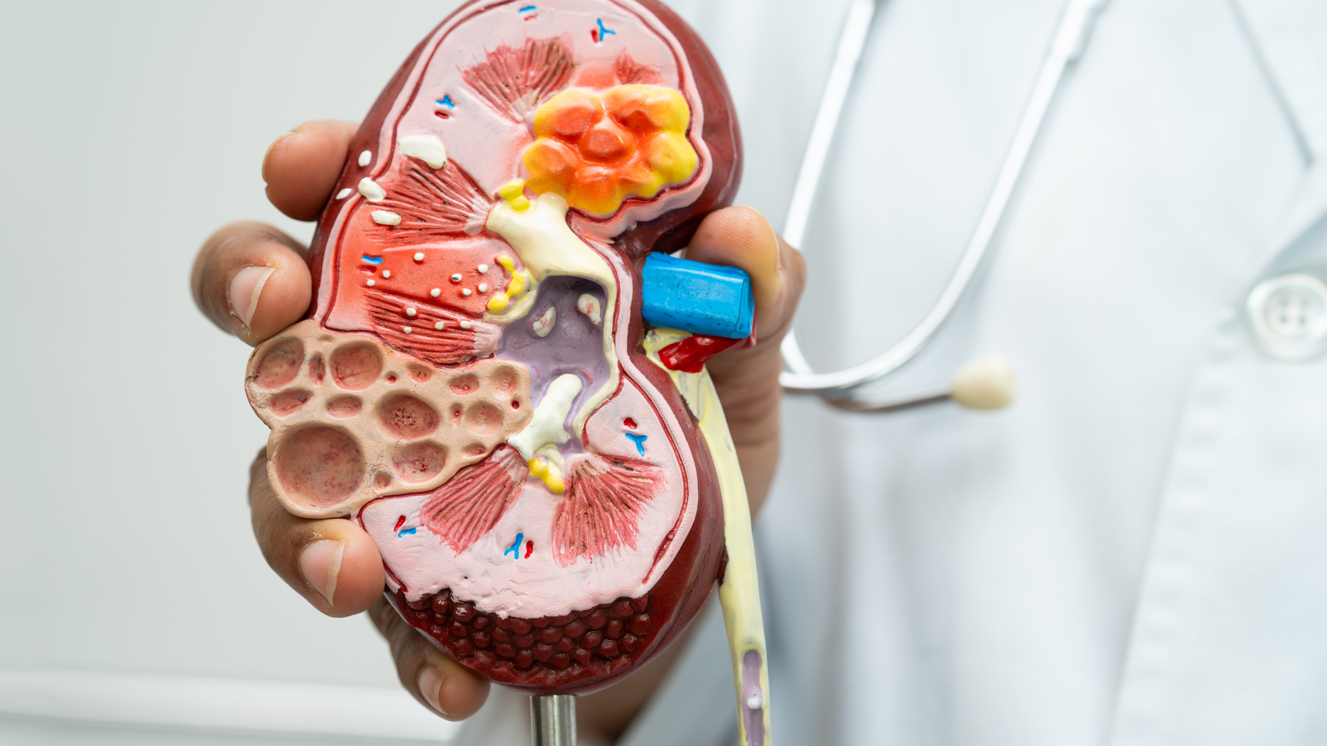 A close-up of a person’s hand holding a detailed anatomical model of a kidney with vibrant colors showing the internal structure, with a stethoscope visible in the background.