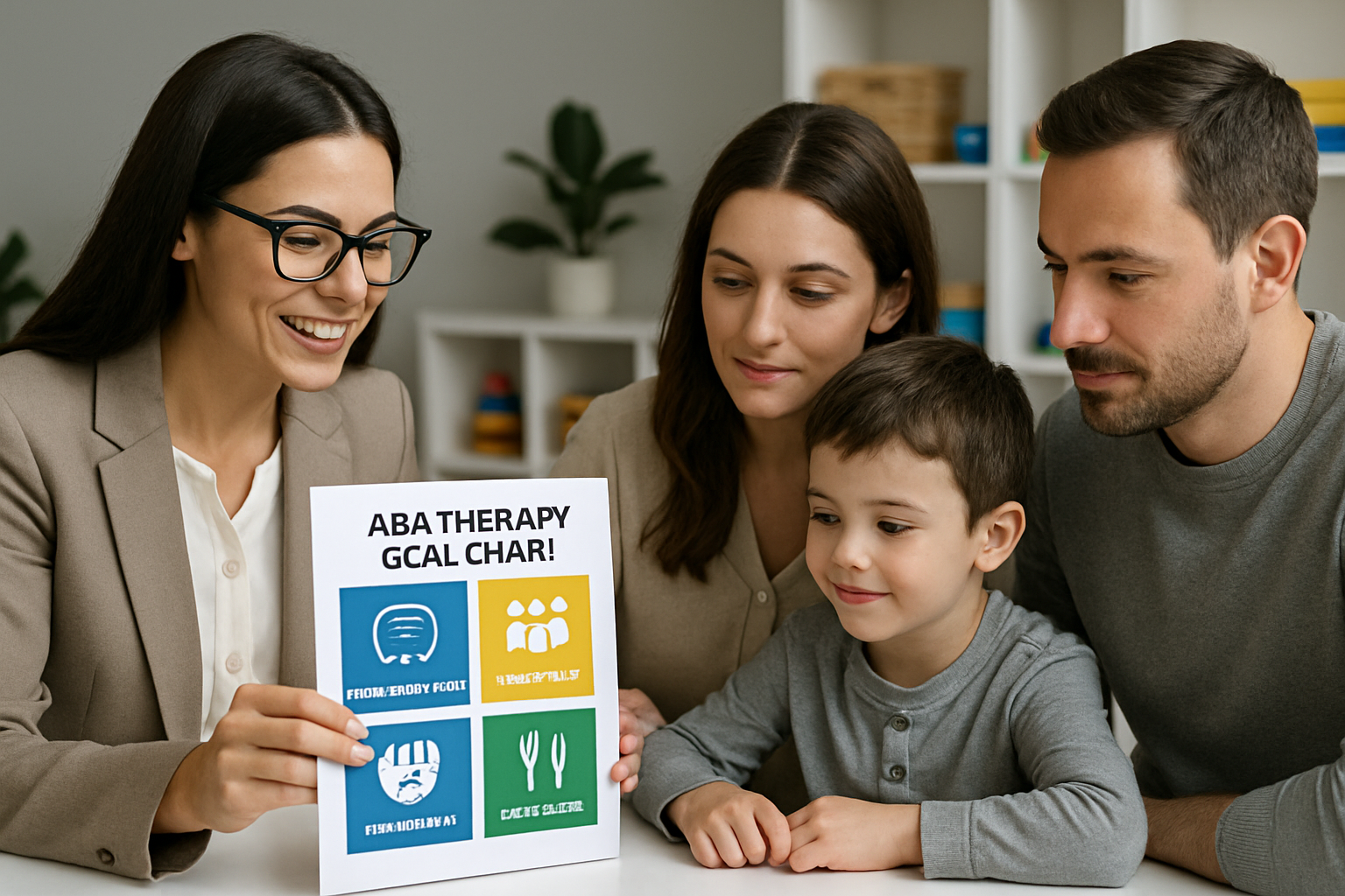 A therapist shows an ABA therapy chart to a family of three: mother, father, and young child in an office setting.