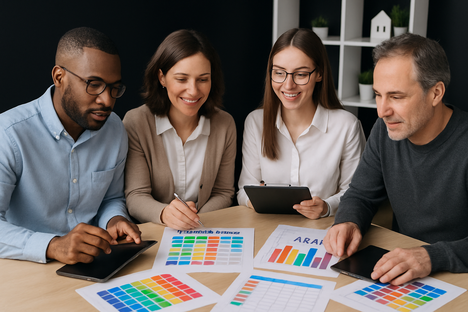Four people reviewing documents at a table. They are smiling and appear to be discussing something.