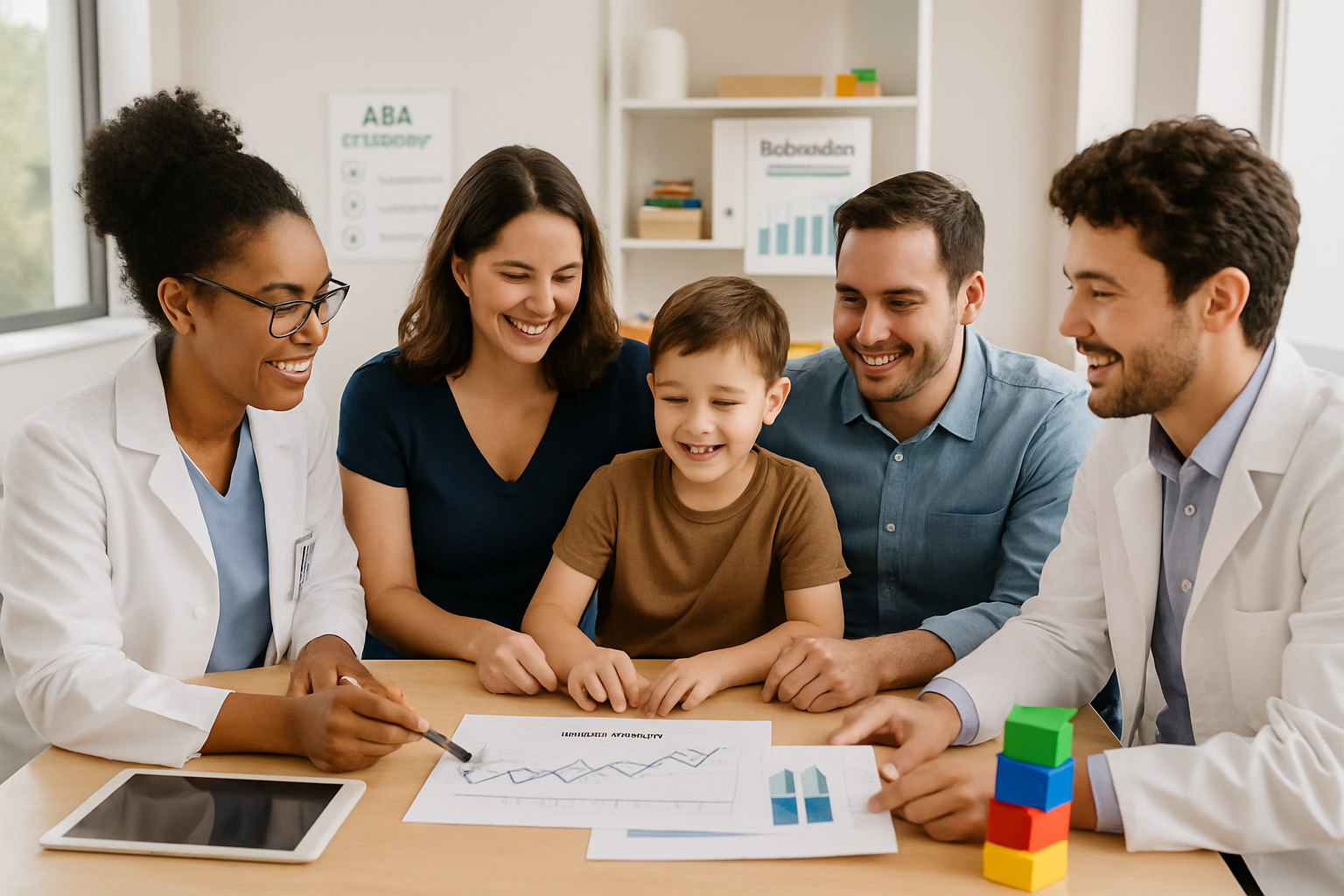 Doctor pointing to chart; family and another doctor smile, seated around table.