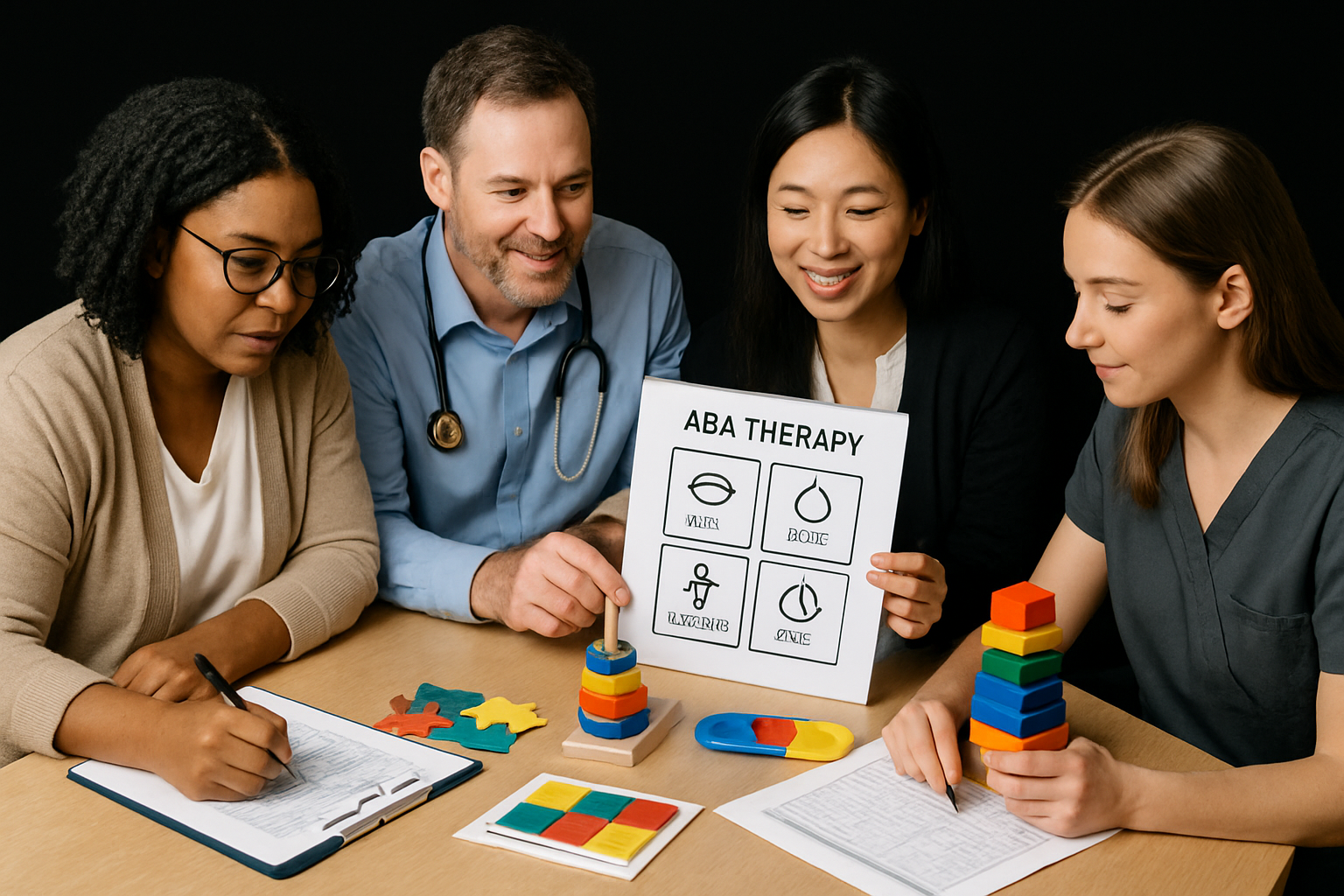 Four people gathered around a table; a doctor points to a