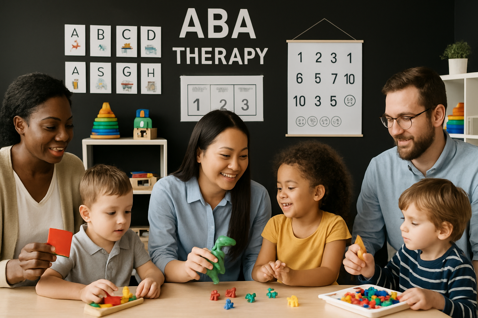 Therapists with children at a table during ABA therapy session. Learning tools and charts on the wall.