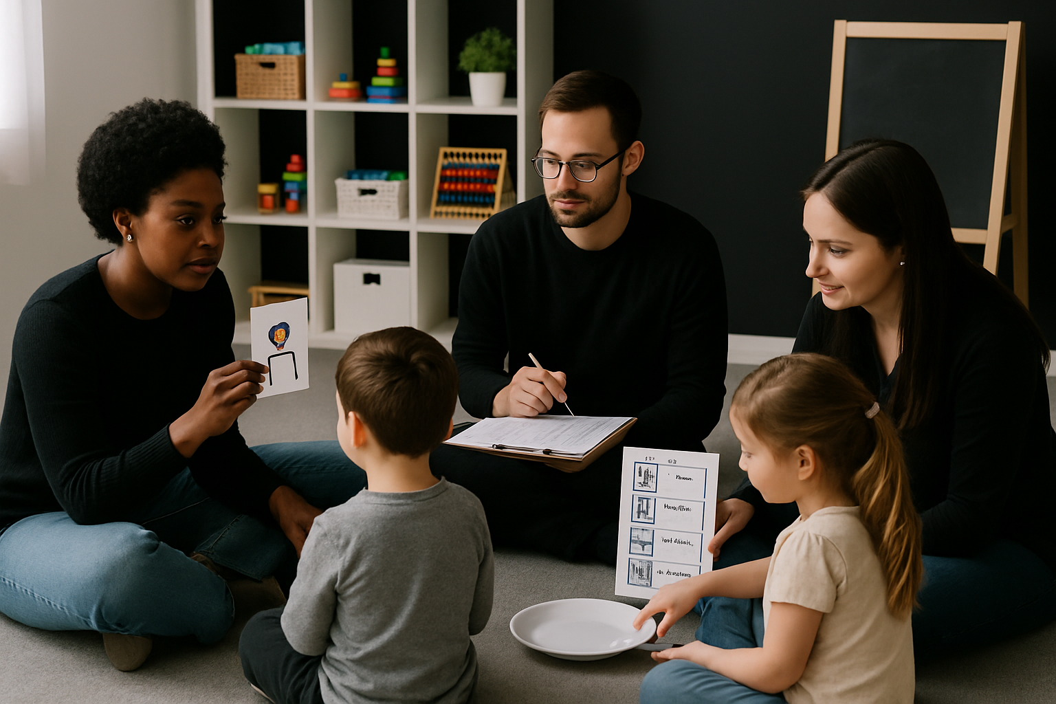 Adults and children seated on floor, reviewing cards in an educational setting.