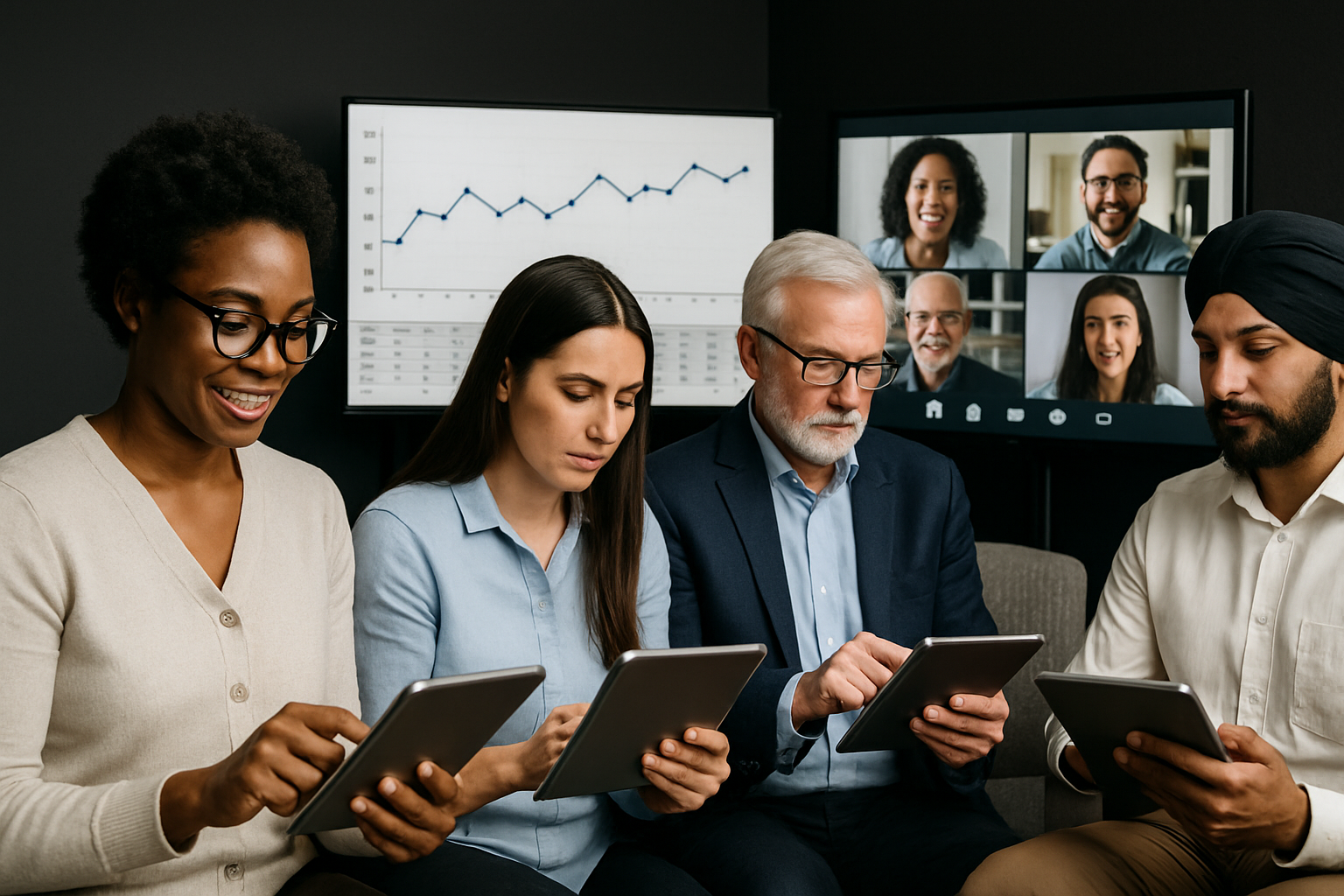 Four people using tablets, looking at screens. A video conference display in the background, a chart on the wall.
