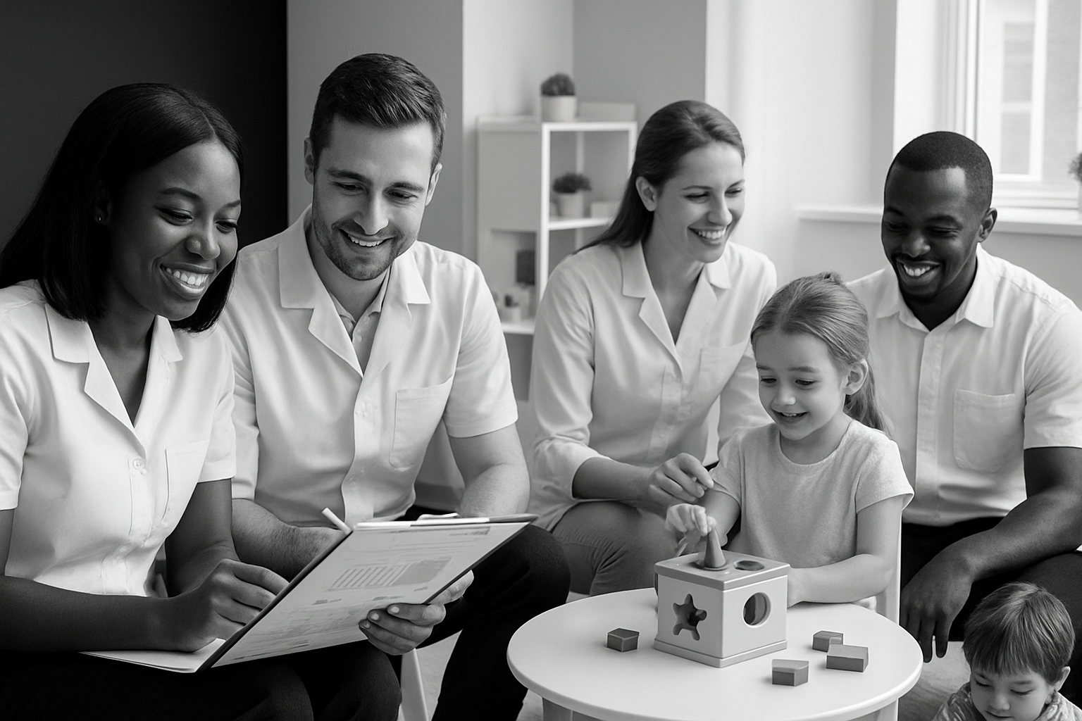 Group of people observing a child playing with toys. The setting is a room. Everyone is smiling.