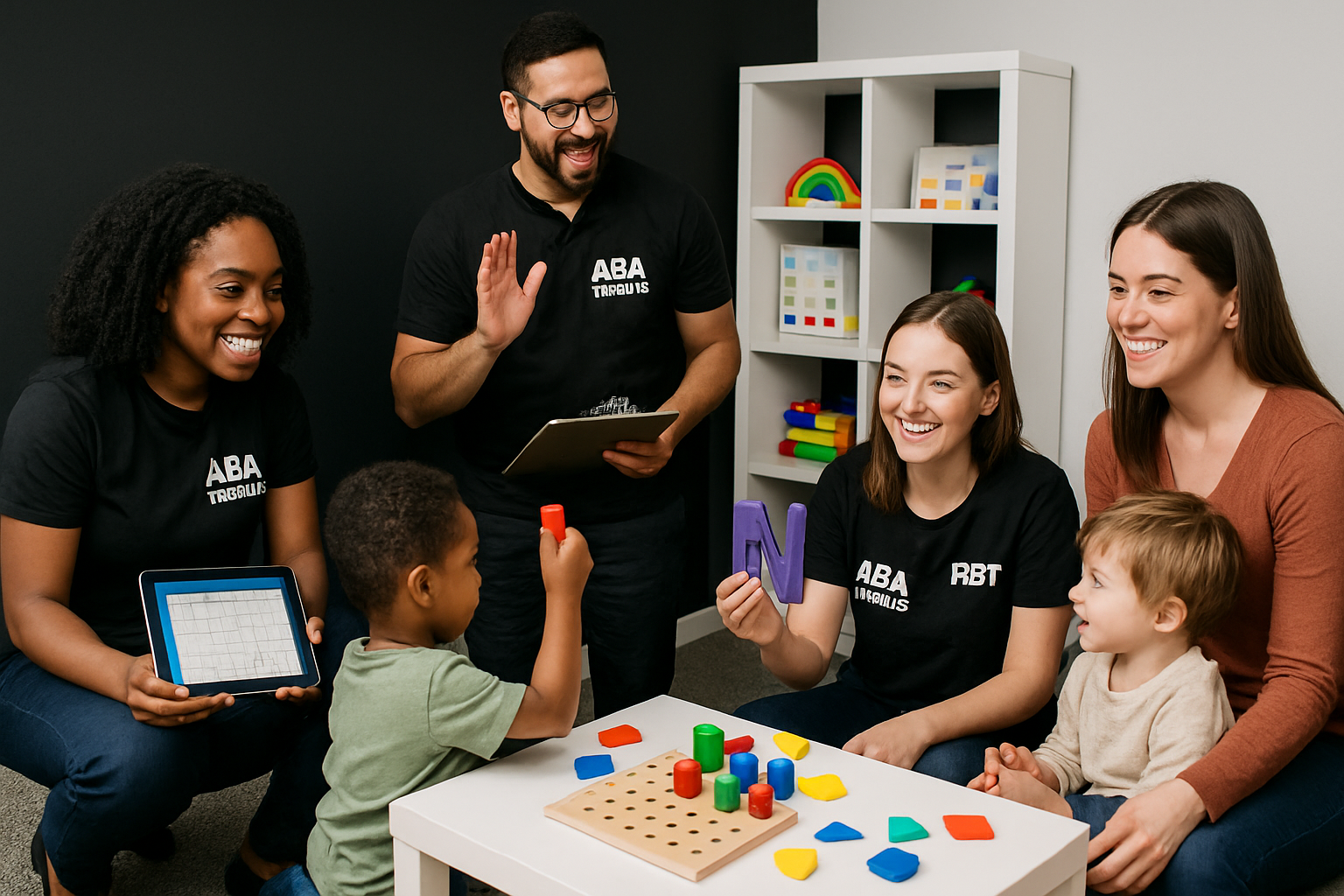 People working with children: one holds a tablet, another shows a letter, and one is working on a pegboard.