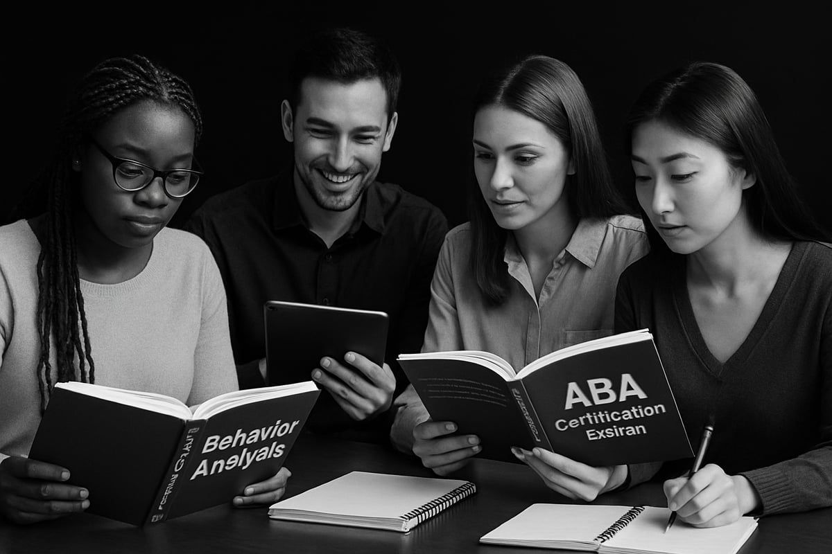 Four people studying books together.