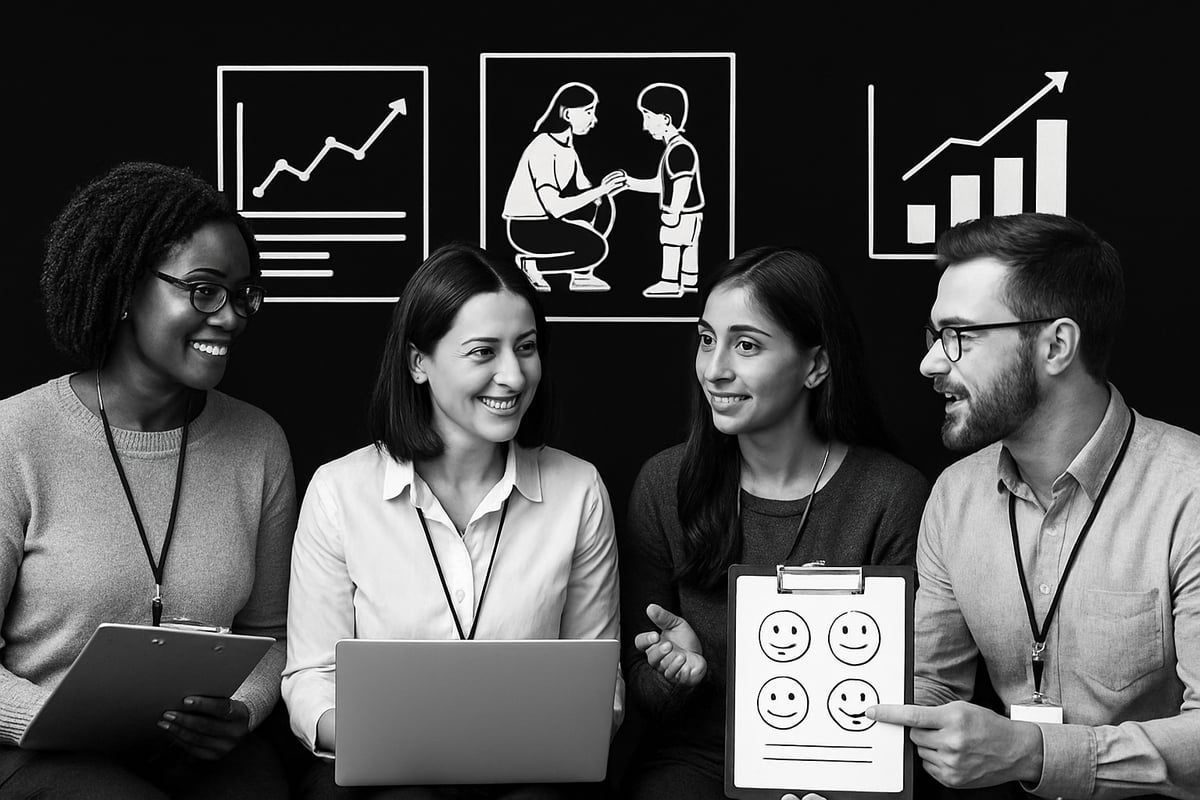 Four people looking at a laptop and clipboard, with charts and a parent-child illustration behind them.