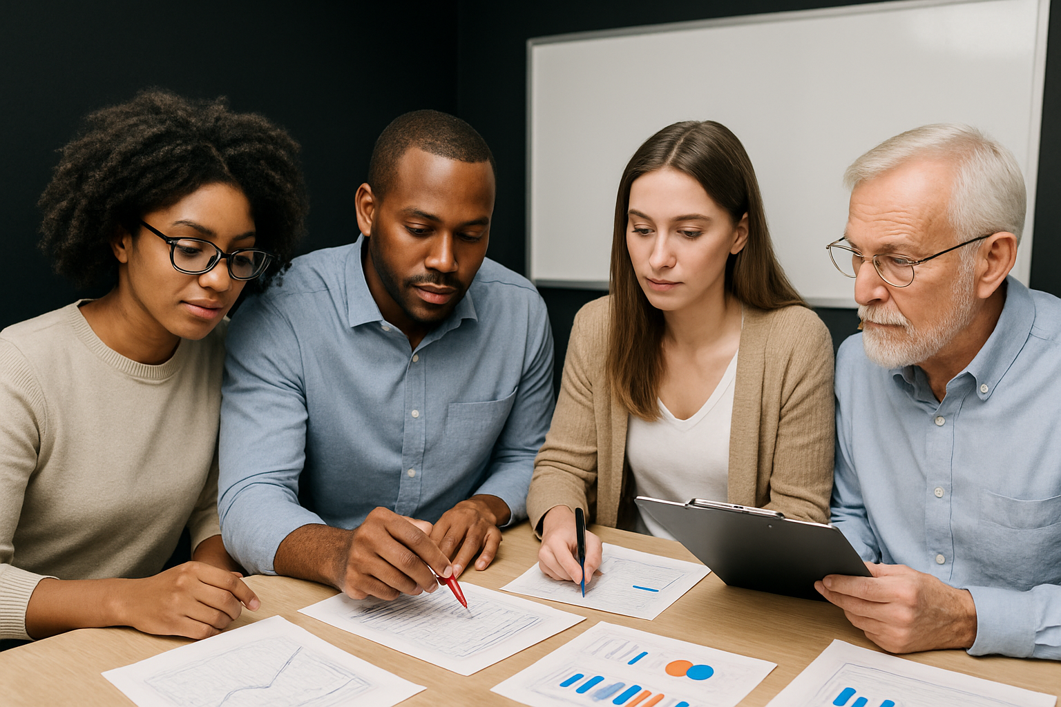 Group of people reviewing documents together at a table.