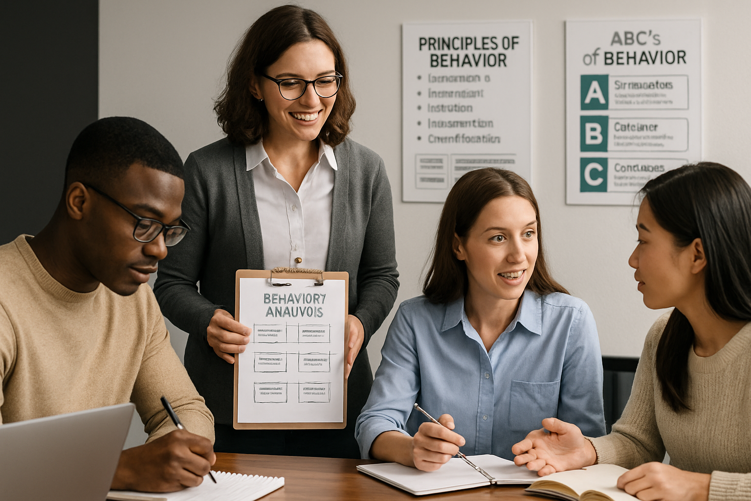 Four people in a meeting, one holding a clipboard. Whiteboard with 