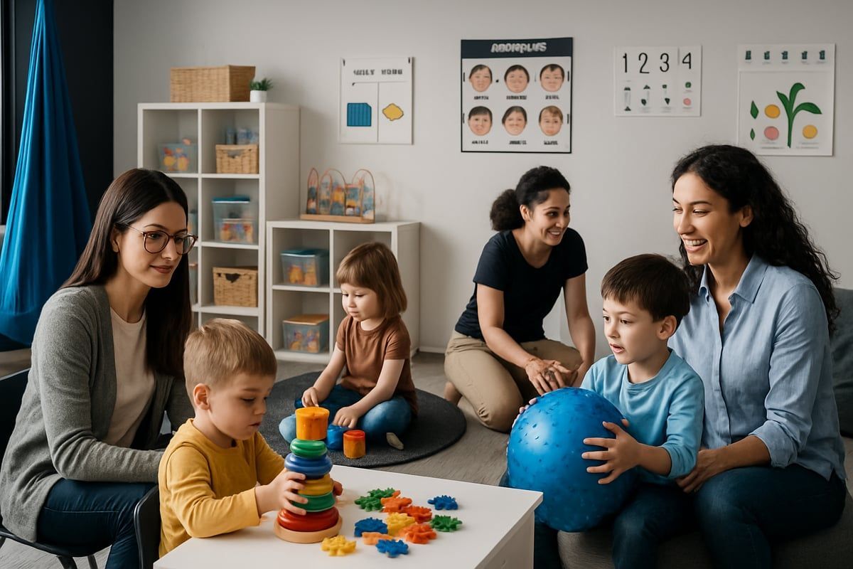 Two adults and two children in a colorful classroom setting with toys. Two other adults smile.