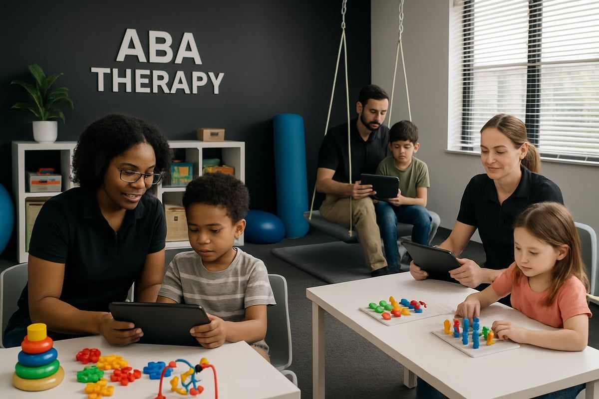 ABA therapy room with therapists and children using tablets and toys.