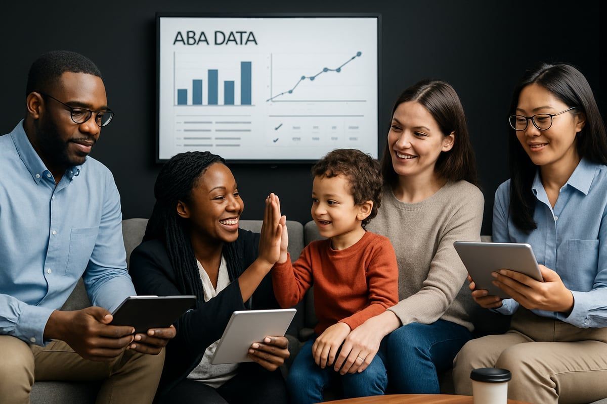 Group of people, including a child, reviewing data and celebrating. The child high-fives a woman, with others smiling.