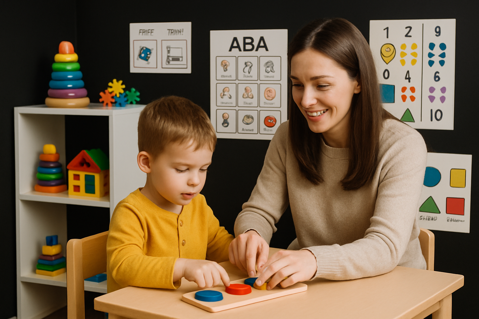 Woman and child playing with shapes on a wooden board at a table. Wall with educational materials in background.