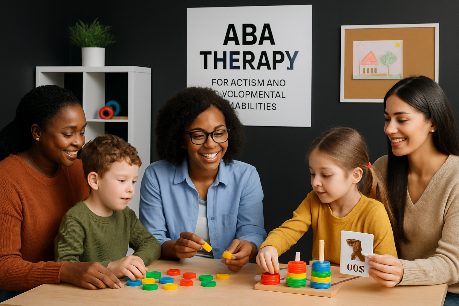 Adults and children engaged in ABA therapy, playing with blocks and visual aids.