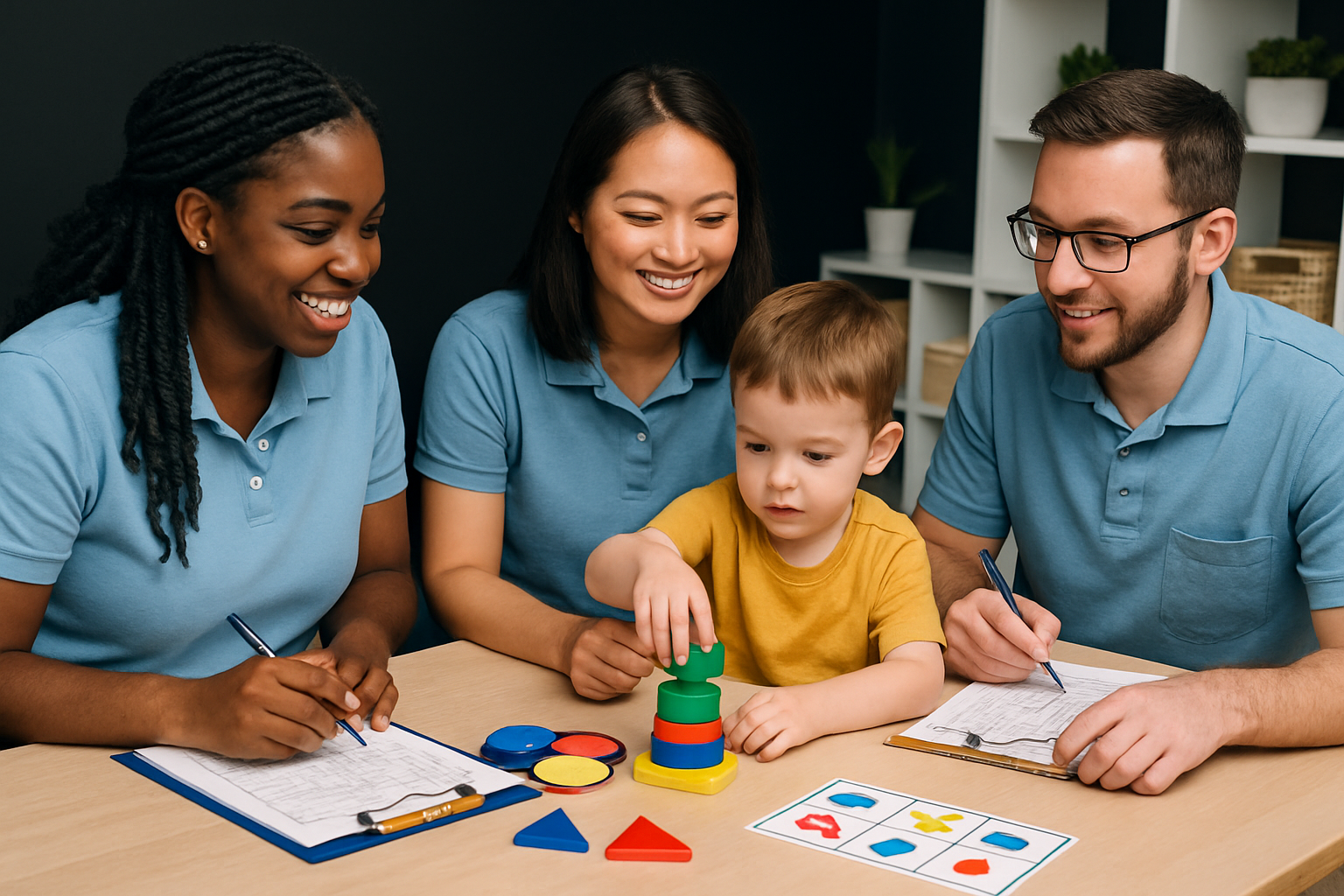 Group of adults observing child playing with blocks. They're at a table, smiling, writing on paper.