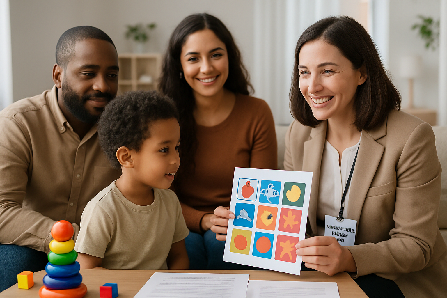 Family and therapist looking at picture cards; therapy session indoors.