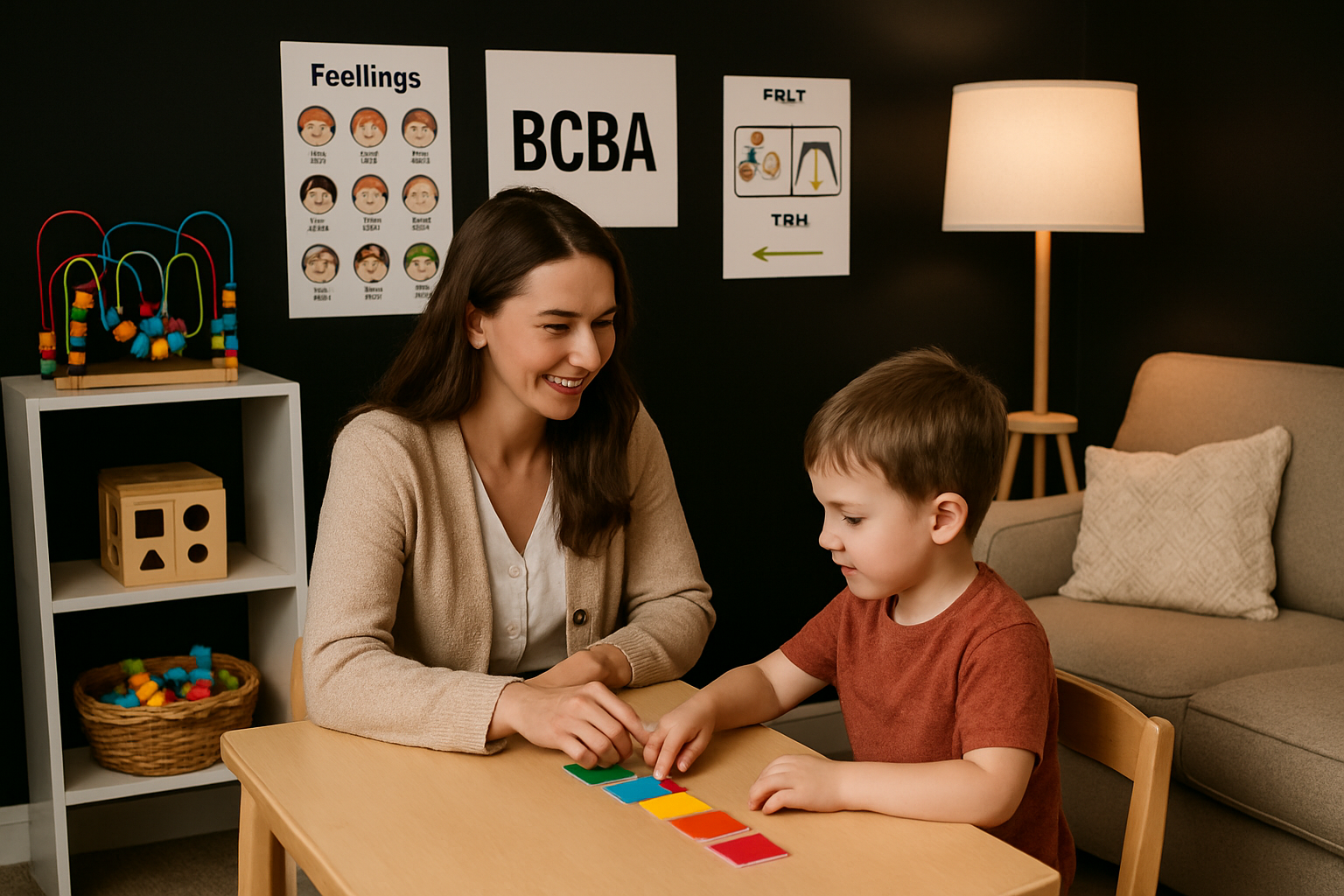 Woman with child at a table, sorting colored blocks. Therapy setting with emotion posters on wall.