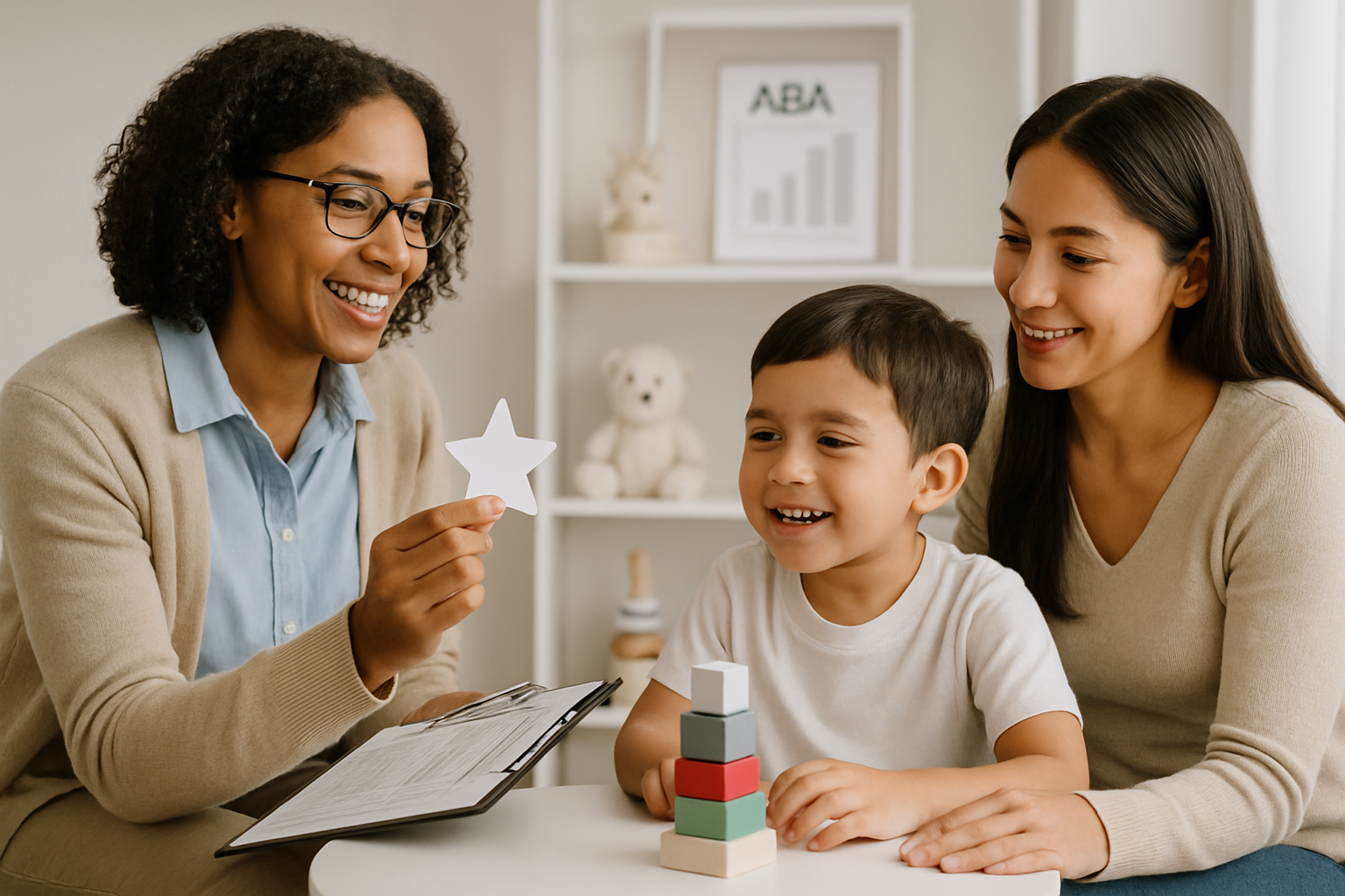 Therapist showing a star to a child, mother present. 