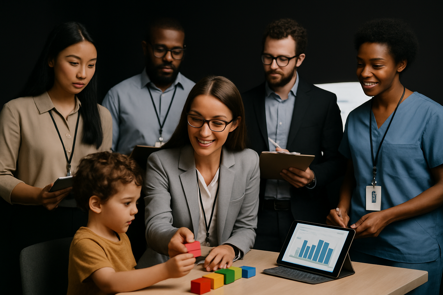 Group of people with a child, looking at a tablet with a graph and blocks.