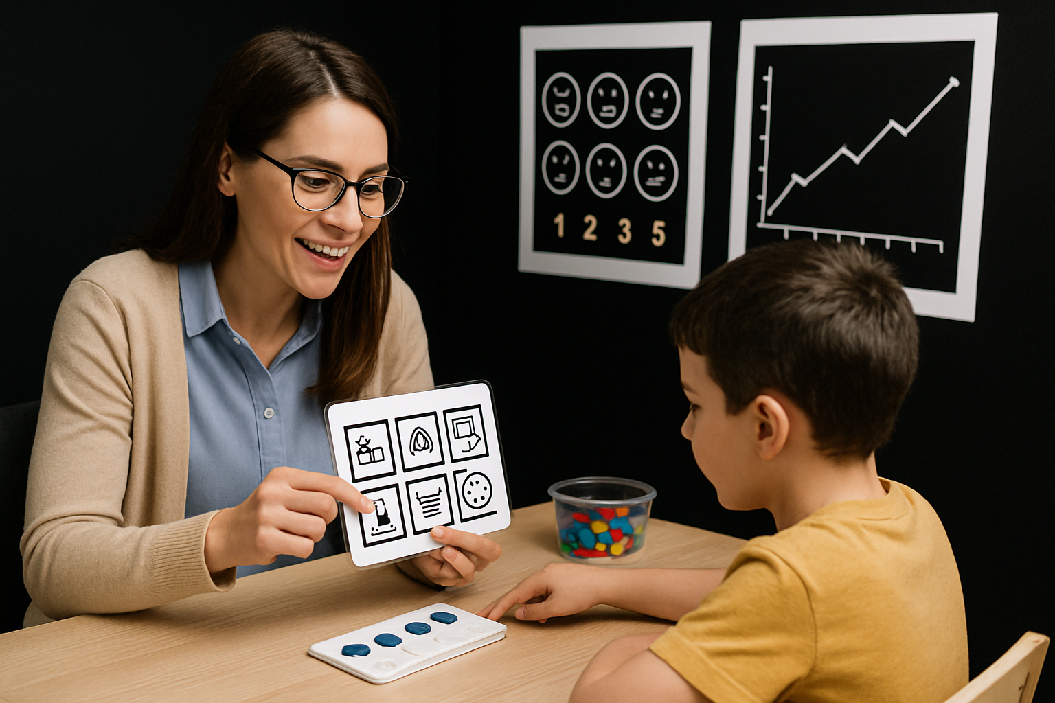 Woman showing a card with symbols to a child. Both are at a table in a room with visual aids on the wall.