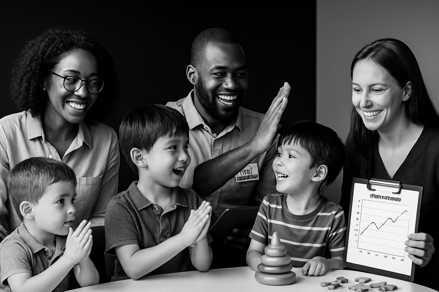 Therapists celebrating with children; high five, graph, and toy tower on table. All smiling.