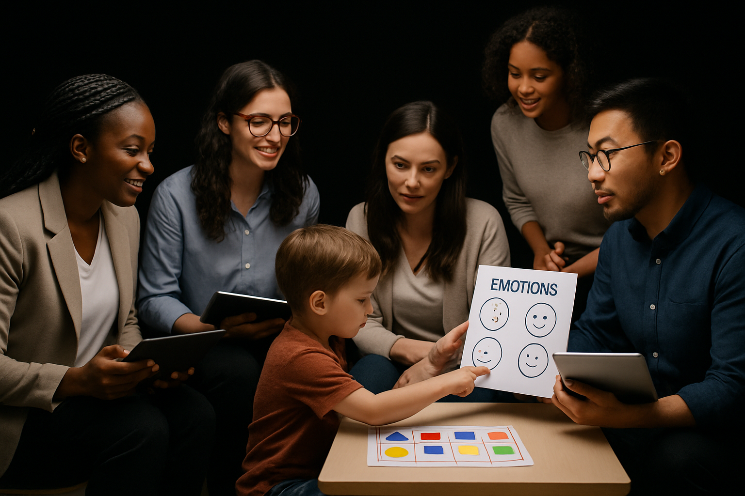 A group of people with a child, looking at an emotion chart. The child is pointing at a happy face.