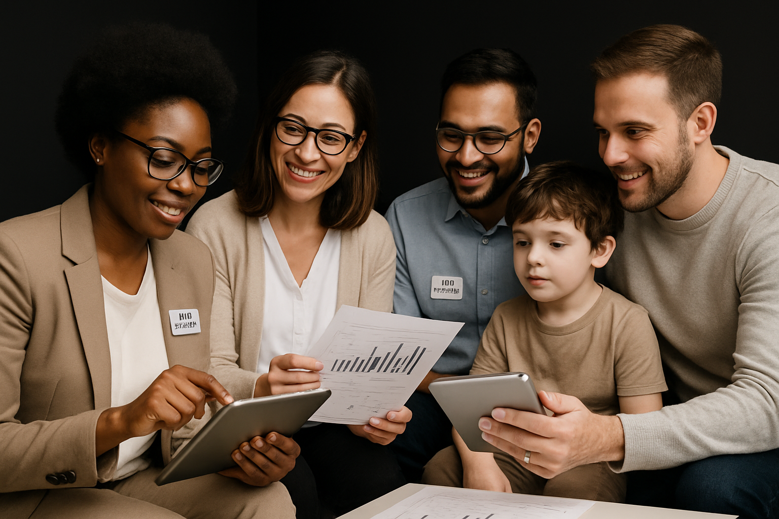 People looking at charts and tablets. Group includes an advisor, couple, and child.
