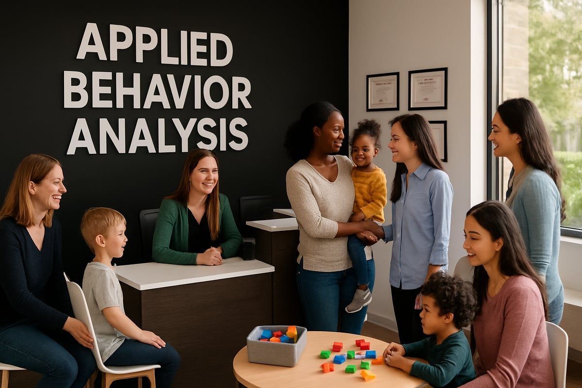 People in an Applied Behavior Analysis clinic, interacting with children. Black wall with text.