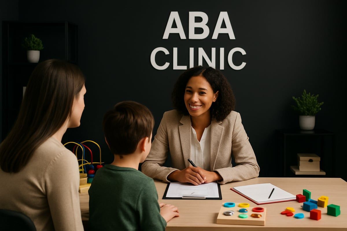 Woman at desk with child and parent in an ABA clinic. The sign reads ABA CLINIC.