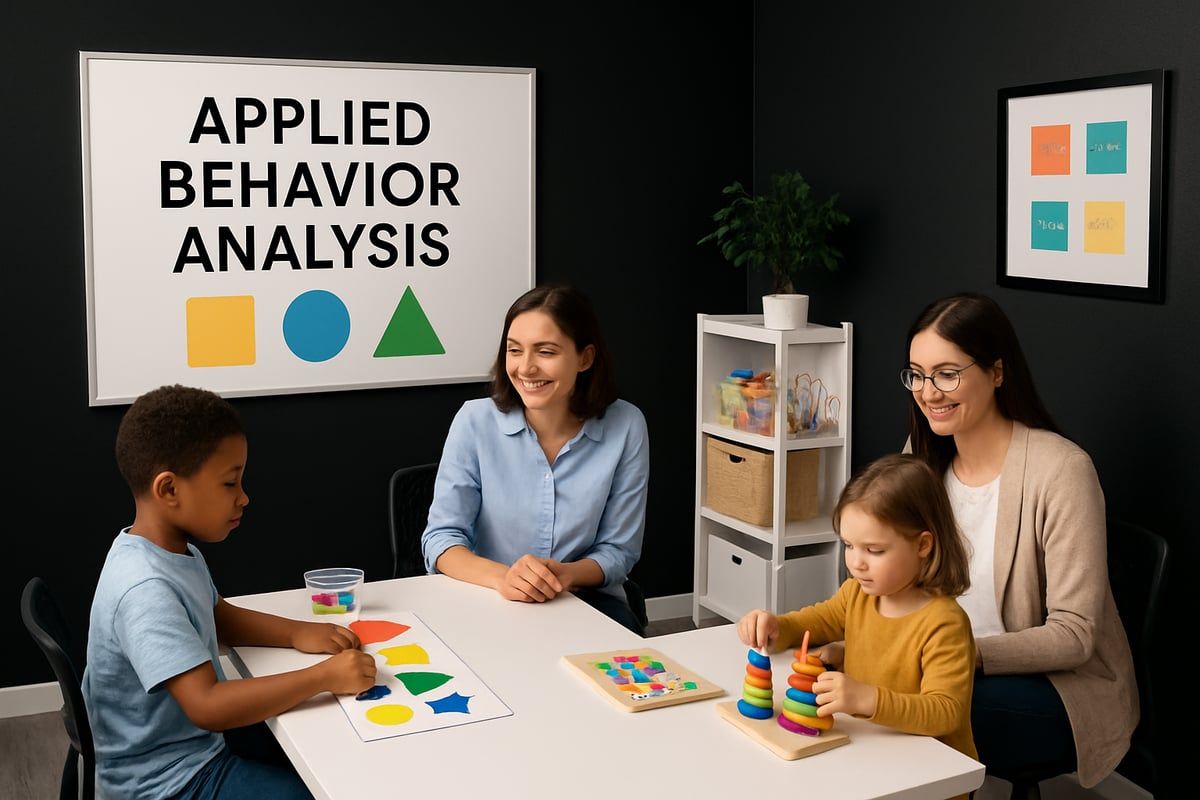 Two therapists with two children at a table during an Applied Behavior Analysis session.